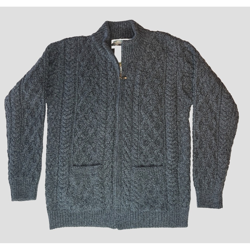 Aran Crafts Mens M Merino Wool Cable Knit Full Zip Cardigan Gray Irish NWT